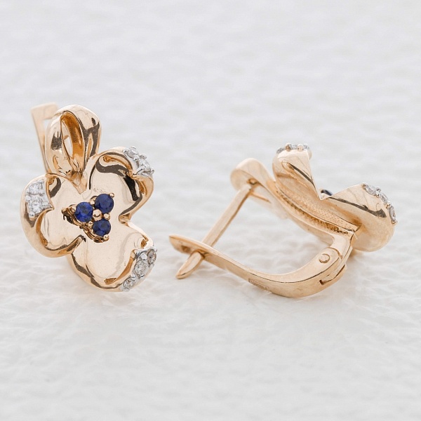 Серьги Цветы из красного золота с 6 сапфирами и 14 бриллиантами