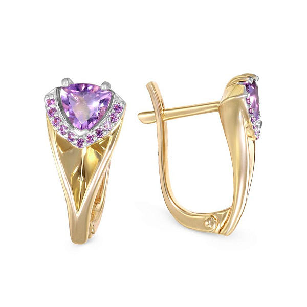 Серьги из жёлтого золота с 2 аметистами и 22 фианитами