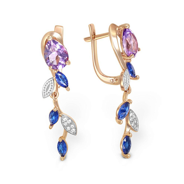 Серьги Веточки из красного золота с 2 аметистами и 18 фианитами