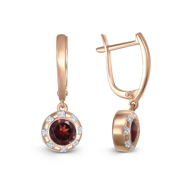 Серьги из красного золота с 2 гранатами и 16 фианитами