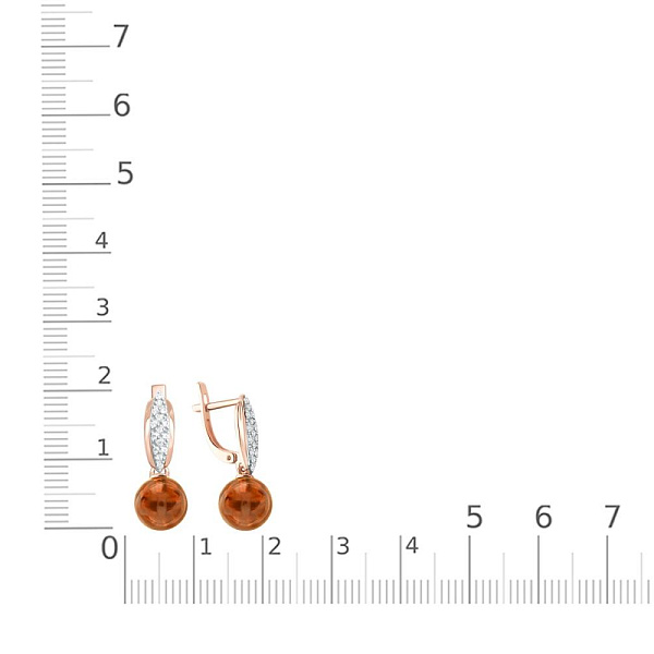 Серьги из красного золота с янтарём и 30 фианитами