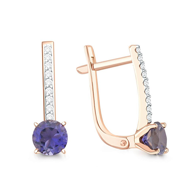 Серьги из красного золота с 2 иолитами и 18 фианитами