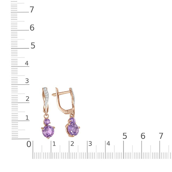 Серьги из красного золота с 4 аметистами и 14 фианитами