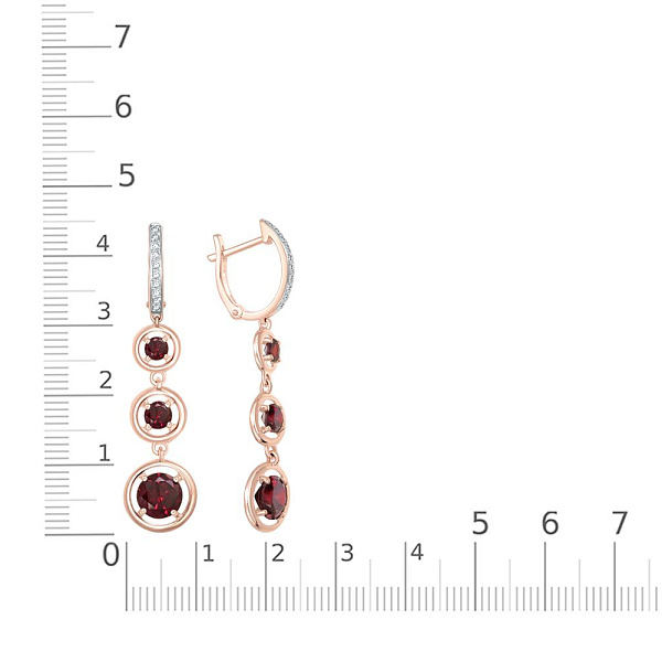 Серьги из красного золота с 6 гранатами и 20 фианитами