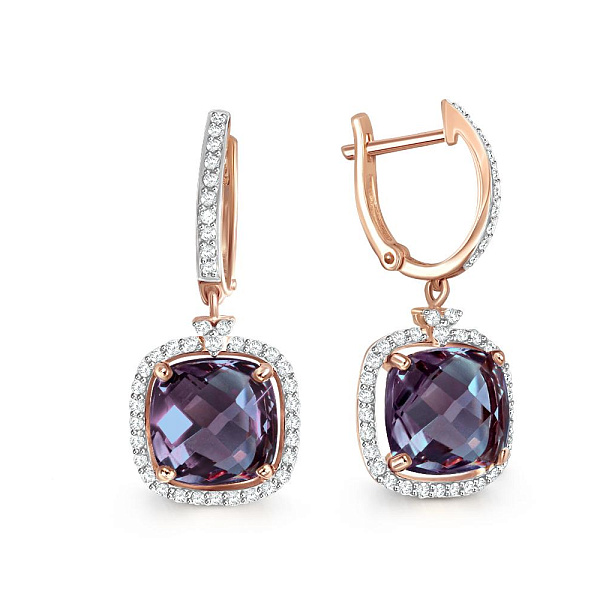 Серьги из красного золота с 2 александритами и 78 фианитами