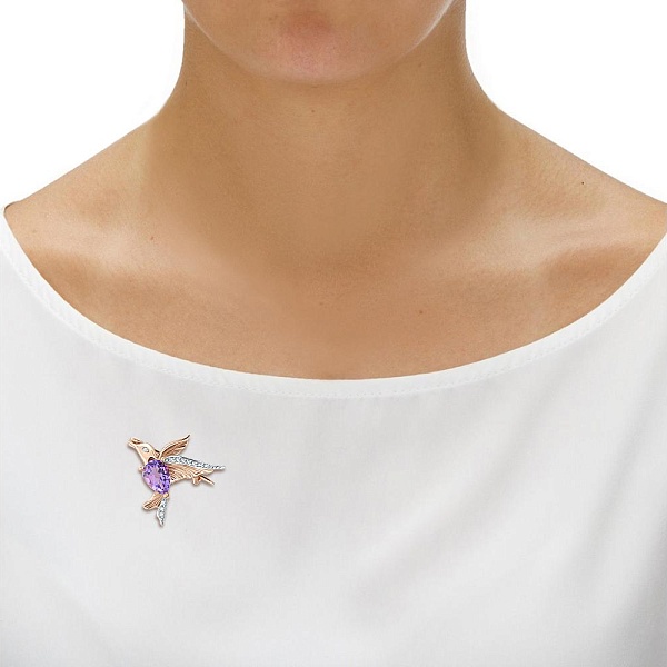 Брошь Колибри из красного золота с аметистом и 11 фианитами