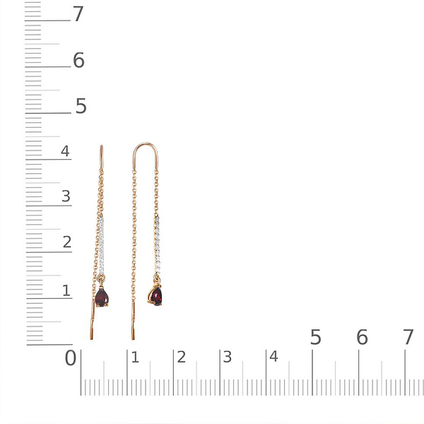 Серьги-продёвки Дорожки из красного золота с 2 гранатами и 20 фианитами