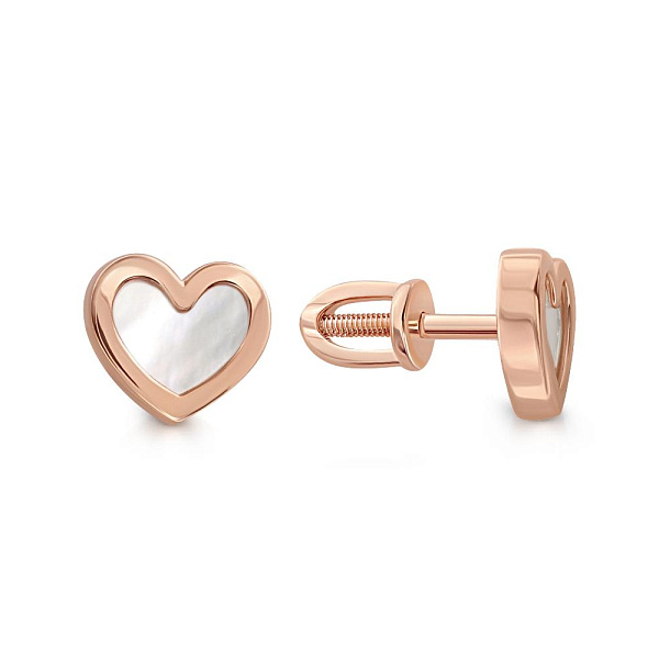 Серьги-пусеты Сердца из красного золота с перламутром