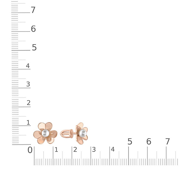 Серьги-пусеты Цветы из красного золота с 2 жемчужинами