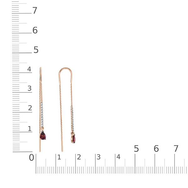 Серьги-продёвки Дорожки из красного золота с 2 гранатами и 20 фианитами