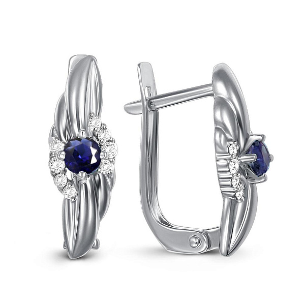 Серьги из белого золота с 2 корундами и 16 бриллиантами