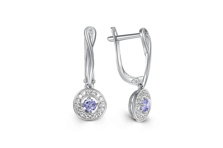 Серьги из белого золота с 2 танзанитами и 34 фианитами