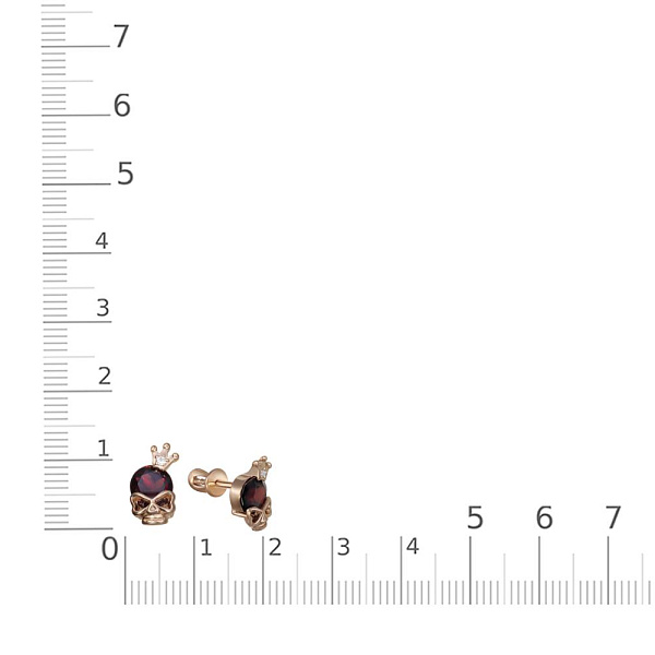 Детские серьги-пусеты Короны из красного золота с 2 гранатами и 2 фианитами