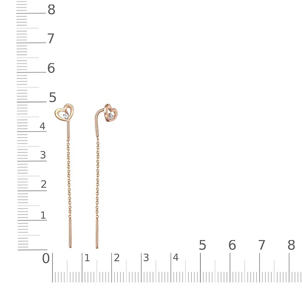 Серьги-продёвки Сердца из красного золота с 2 фианитами