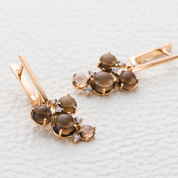 Серьги из красного золота с раухтопазами, хризолитами и цитринами