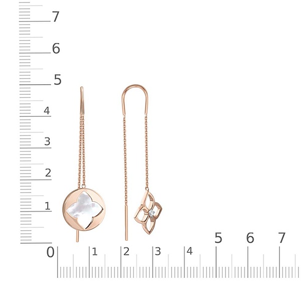 Серьги-продёвки Клевер из красного золота с перламутром и фианитом