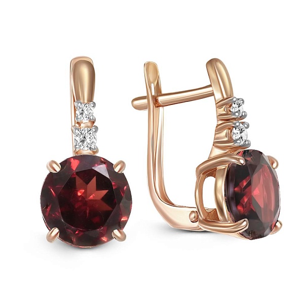 Серьги из красного золота с 2 гранатами и 4 фианитами