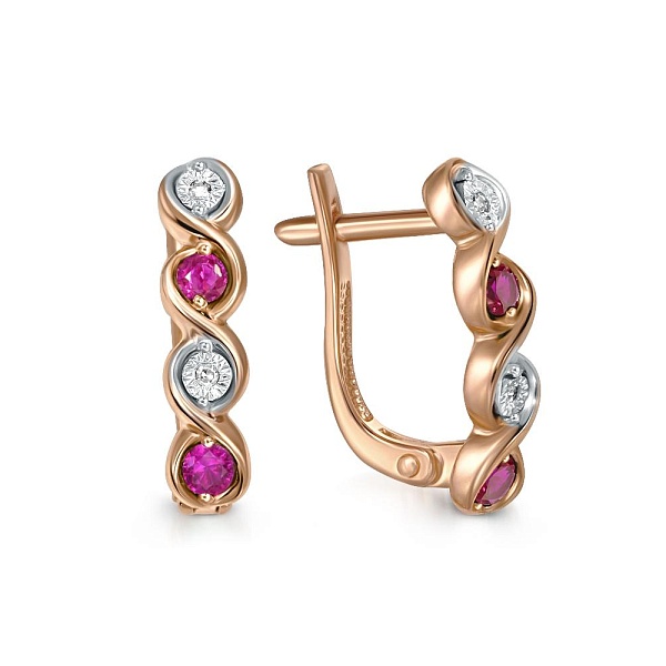 Серьги из красного золота с 4 корундами и 4 бриллиантами