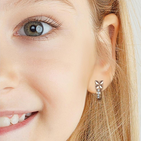 Детские серьги Бабочки из красного золота с 8 фианитами