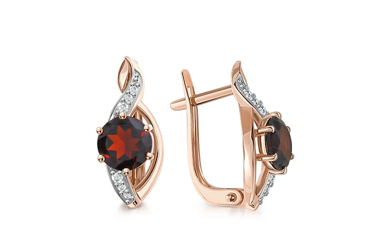 Серьги из красного золота с 2 гранатами и 12 фианитами