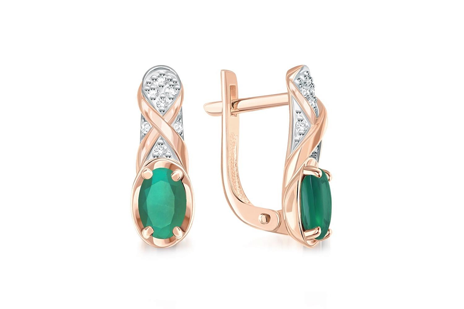 Серьги из красного золота с 2 агатами и 14 фианитами