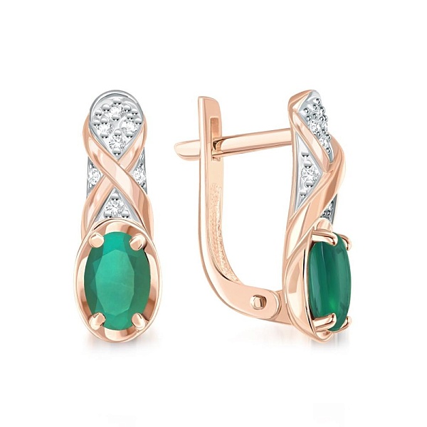 Серьги из красного золота с 2 агатами и 14 фианитами
