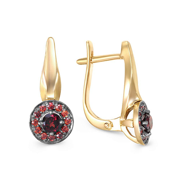 Серьги из жёлтого золота с 2 гранатами и 24 фианитами