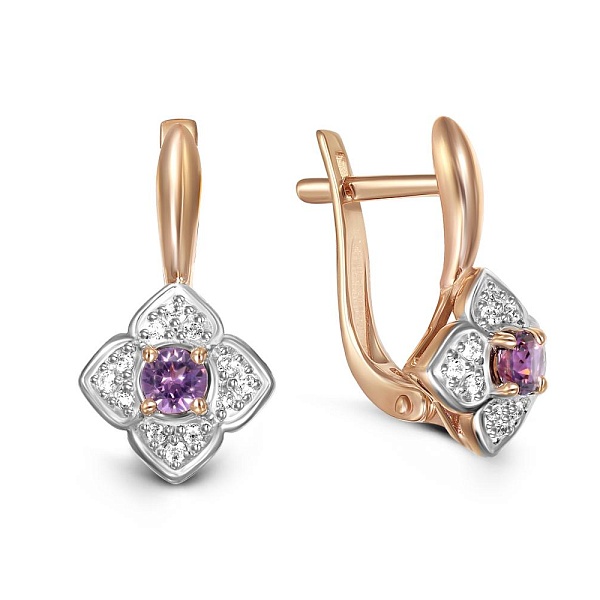 Серьги Цветы из красного золота с 2 аметистами и 24 фианитами