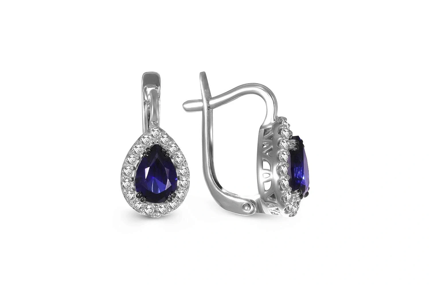 Серьги из белого золота с 2 корундами и 34 фианитами