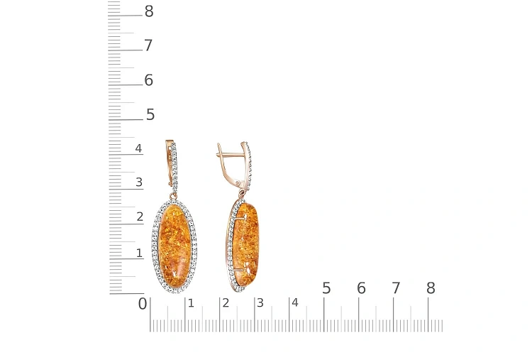 Серьги из красного золота с янтарём и 108 фианитами