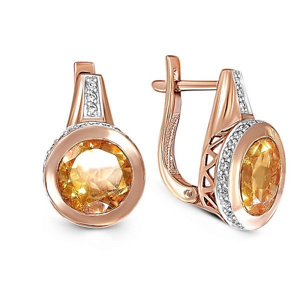 Серьги из красного золота с 2 цитринами и 58 фианитами