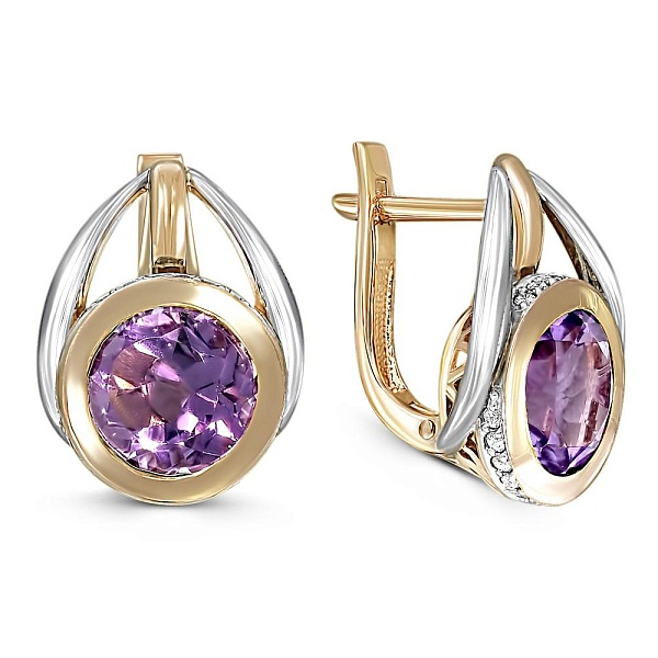 Серьги из жёлтого золота с 2 аметистами и 36 фианитами