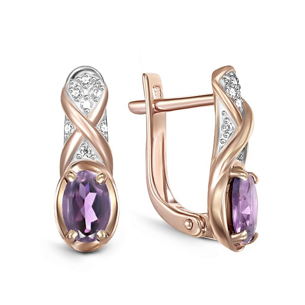 Серьги из красного золота с 2 аметистами и 14 фианитами