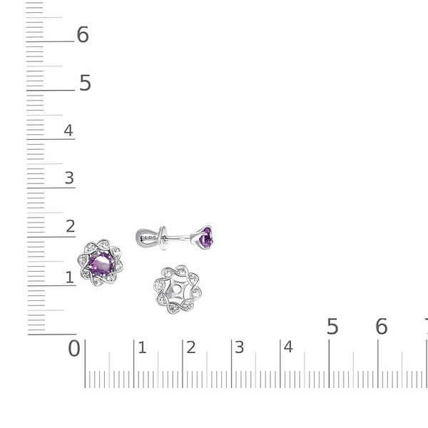 Серьги-пусеты из белого золота с 2 аметистами и 16 фианитами