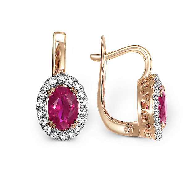 Серьги из красного золота с 2 корундами и 36 фианитами
