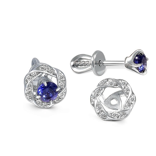 Серьги-пусеты из белого золота с 2 корундами и 24 фианитами