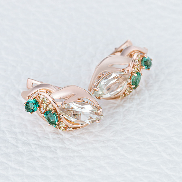 Серьги из красного золота с аметистами, турмалинами и фианитами