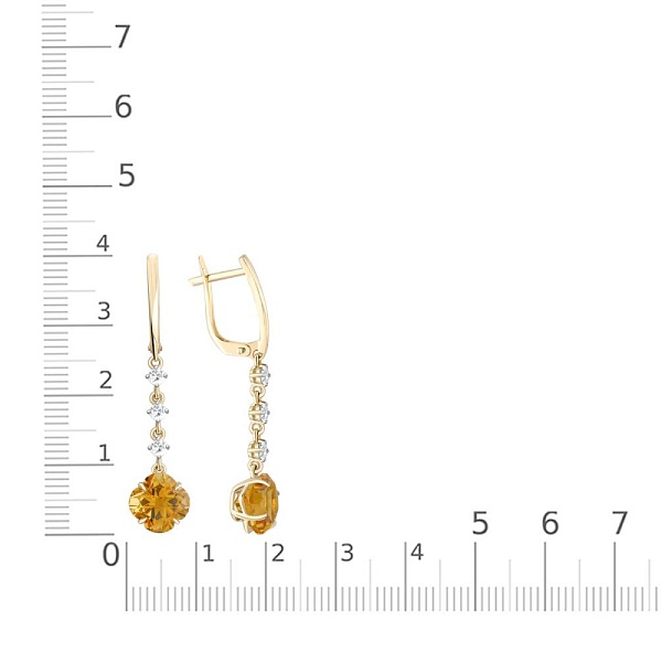 Серьги из жёлтого золота с 2 цитринами и 6 фианитами