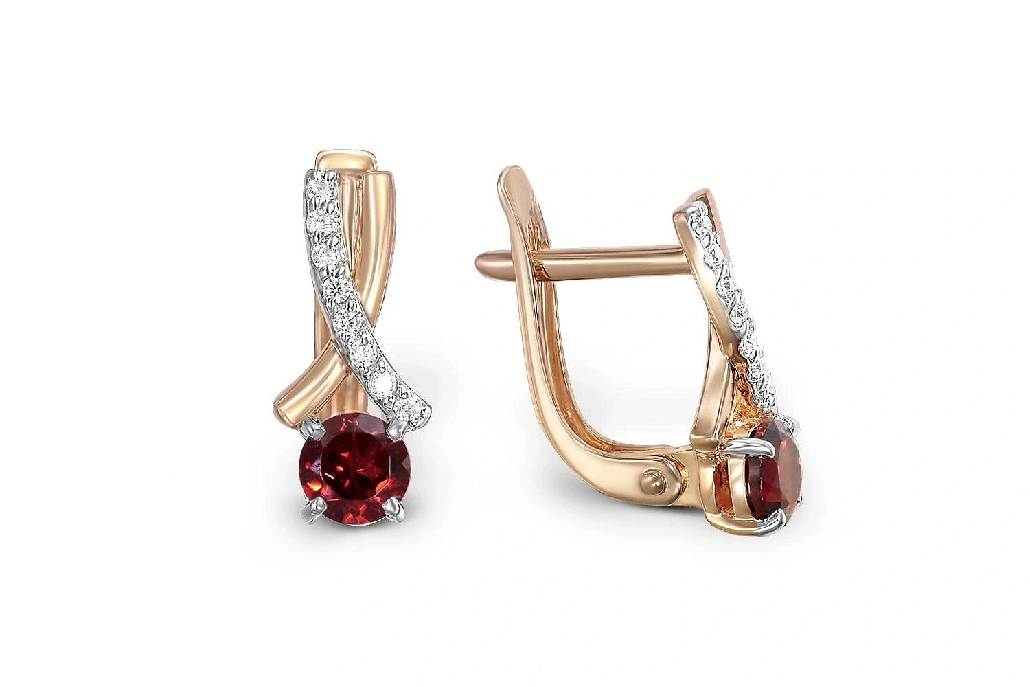 Серьги из красного золота с 2 гранатами и 16 фианитами