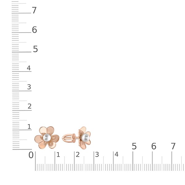 Серьги-пусеты Цветы из красного золота с 2 жемчужинами