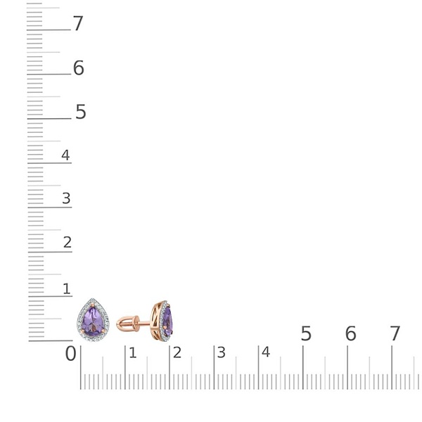 Серьги-пусеты из красного золота с 2 аметистами и 46 фианитами
