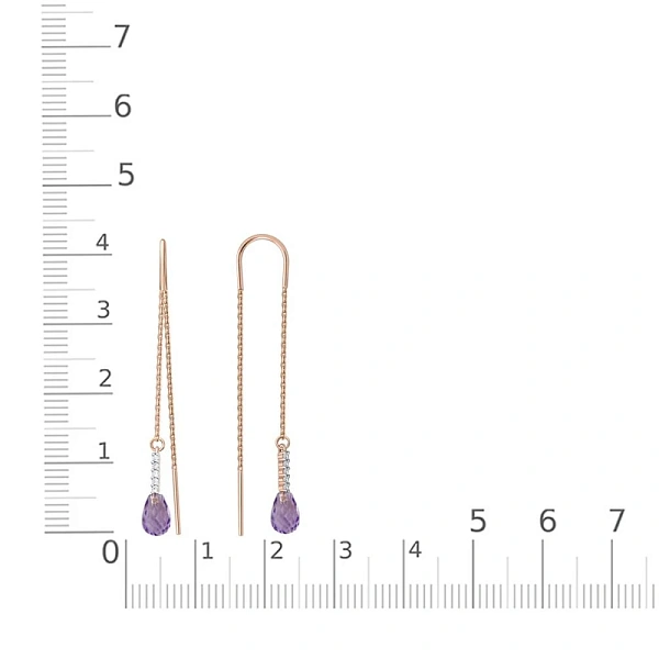 Серьги-продёвки из красного золота с 2 аметистами и 10 фианитами