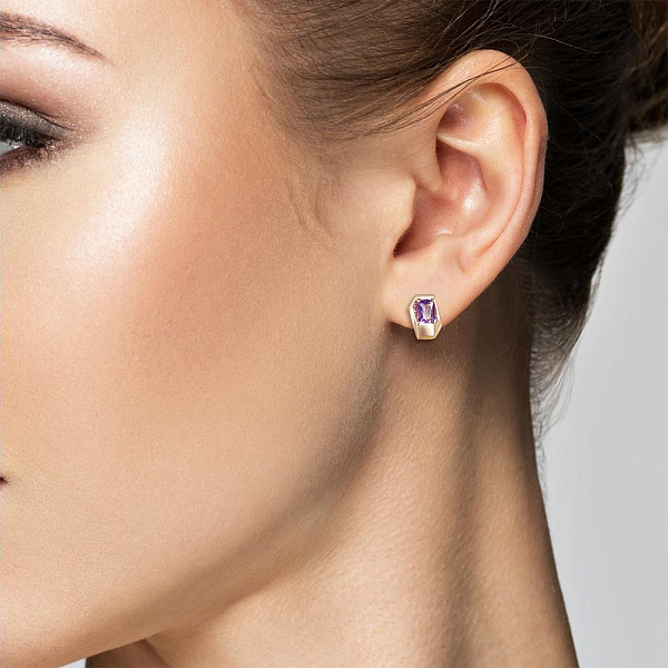 Серьги из красного золота с 2 аметистами и 8 фианитами