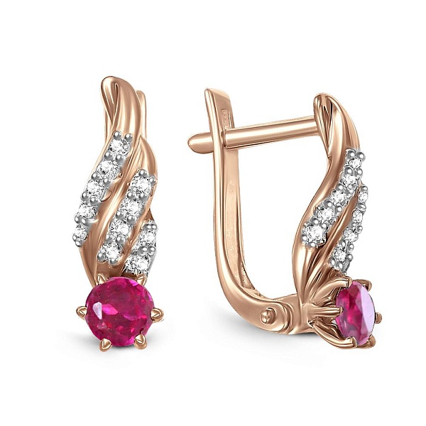 Серьги из красного золота с 2 корундами и 22 бриллиантами