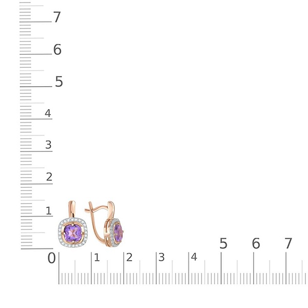 Серьги из красного золота с 2 аметистами и 48 фианитами