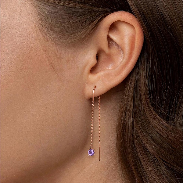 Серьги-продёвки из красного золота с 2 аметистами