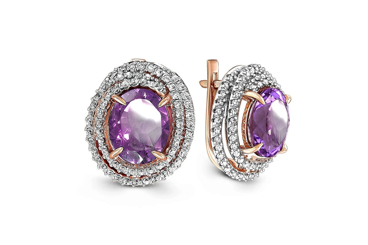 Серьги из красного золота с 2 аметистами и 138 фианитами