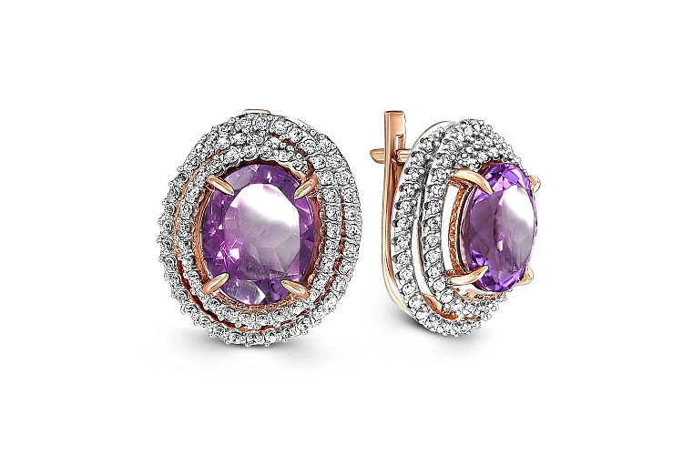 Серьги из красного золота с 2 аметистами и 138 фианитами