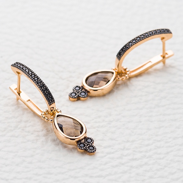 Серьги-трансформеры из красного золота с 2 раухтопазами и 6 фианитами