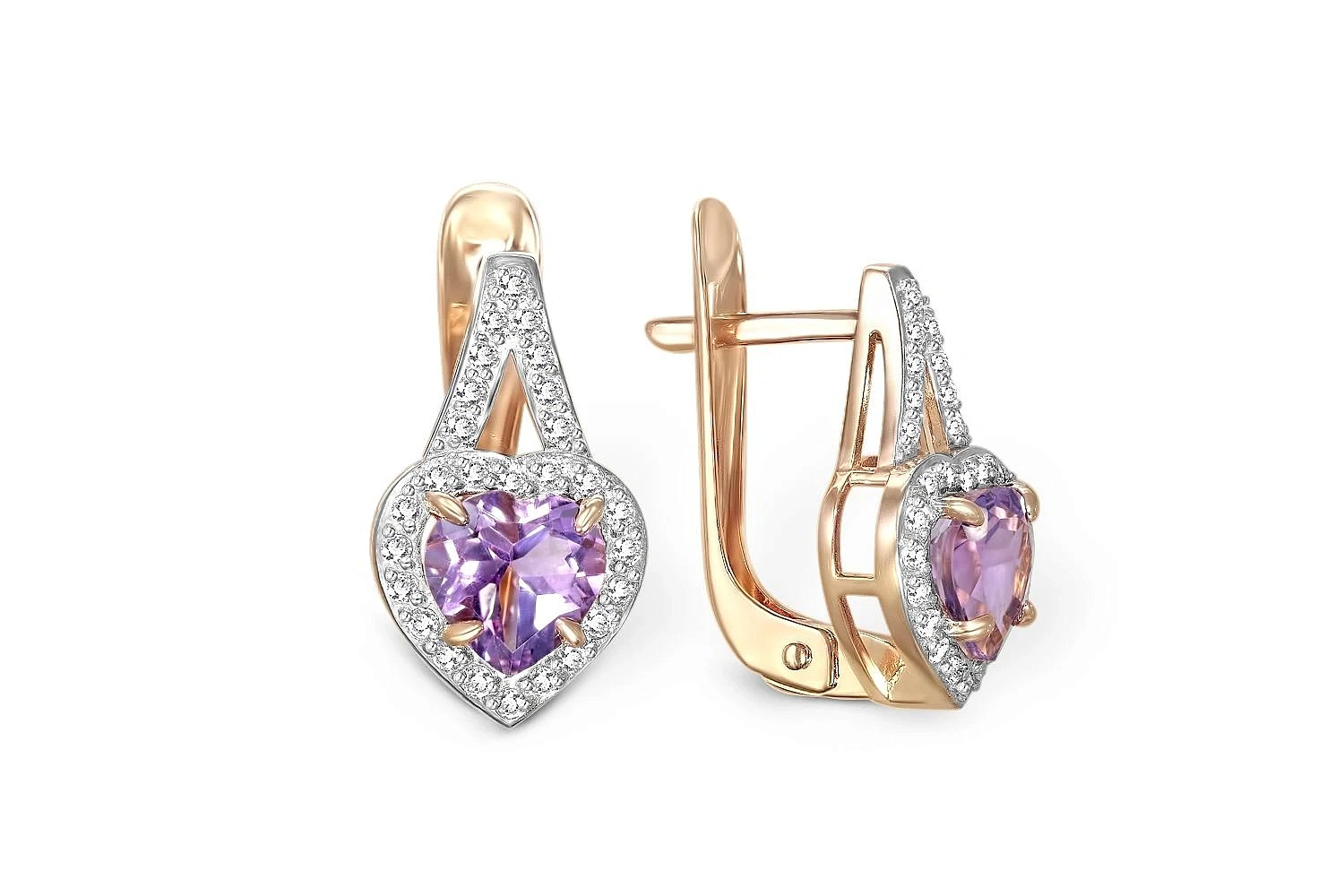 Серьги Сердца из красного золота с 2 аметистами и 54 фианитами